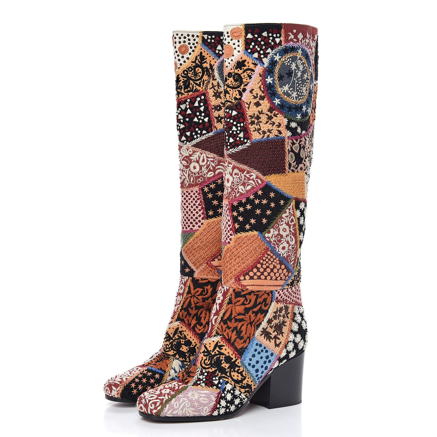 Embroidered Diorage Patchwork Knee High Boots 37 Multicolor