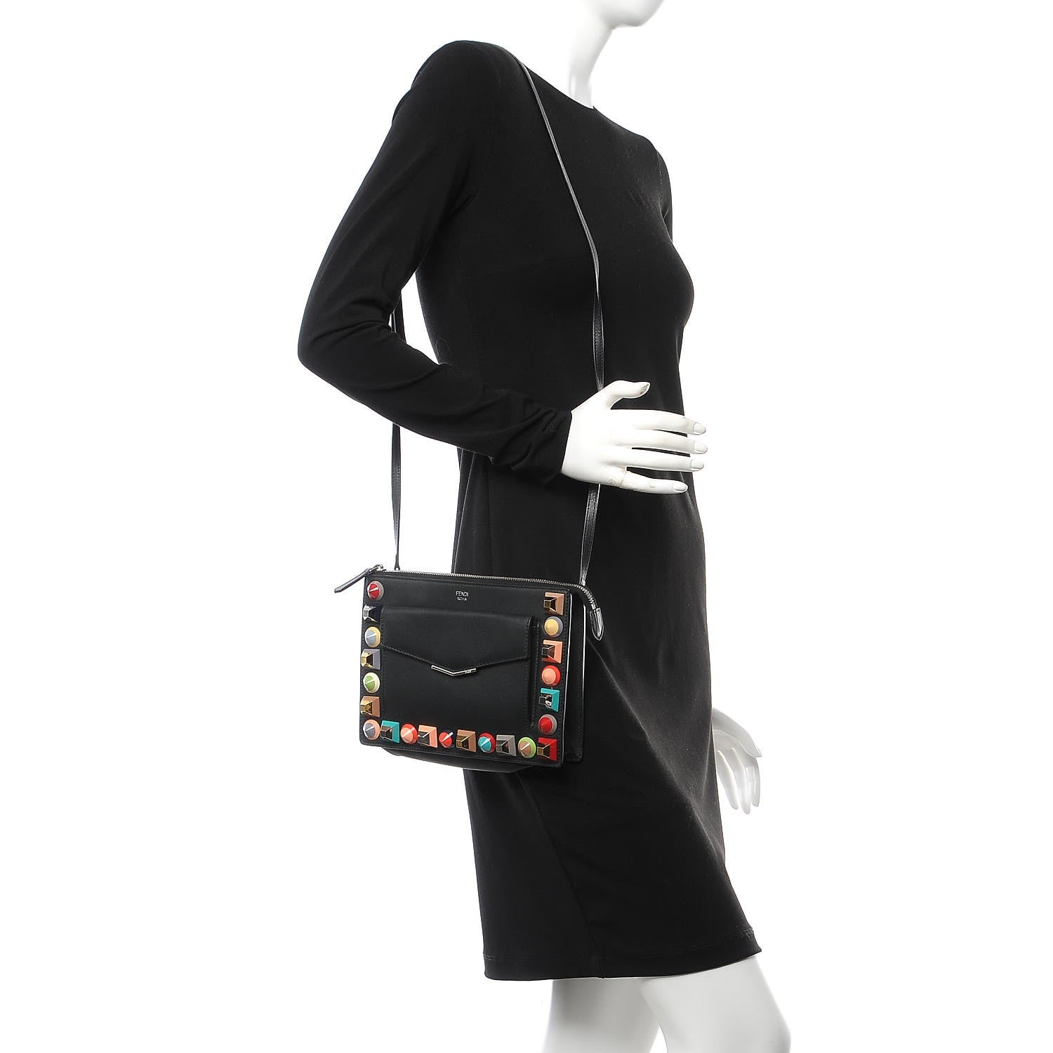 Fendi Vitello Dolce Studded Mini 2Jours Pouch Black Multicolor 4 of 15
