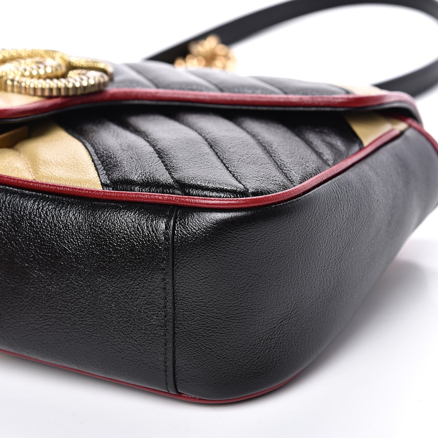 Vintage Effect Calfskin Matelasse Diagonal Striped Small Torchon GG Marmont Shoulder Bag Black Beige