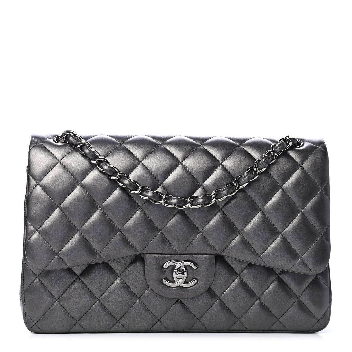 Metallic Lambskin Quilted Jumbo Double Flap Pewter