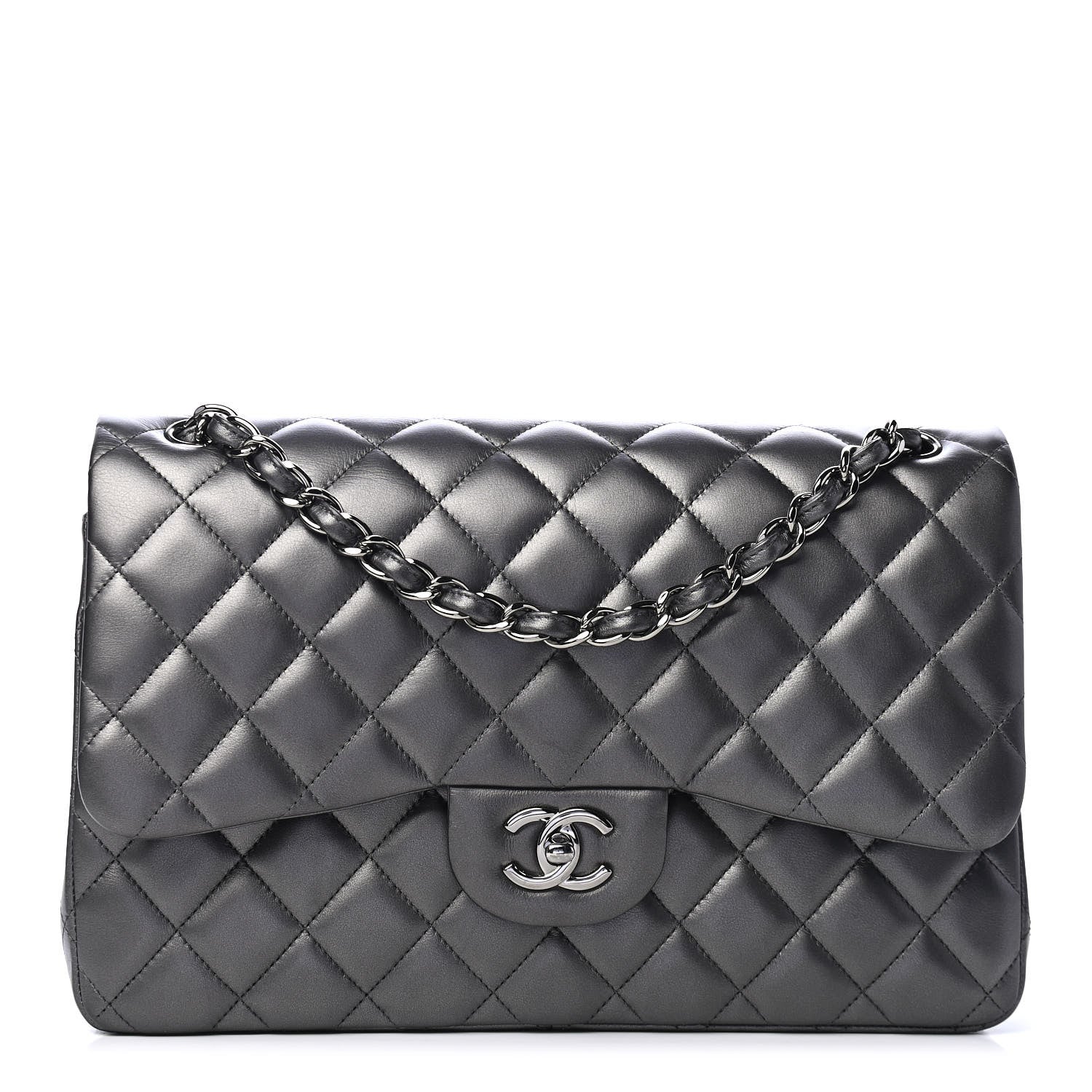 Chanel Metallic Lambskin Quilted Jumbo Double Flap Pewter 1 of 6