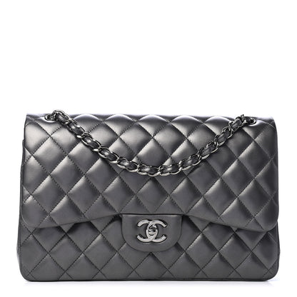 Chanel Metallic Lambskin Quilted Jumbo Double Flap Pewter 1 of 6