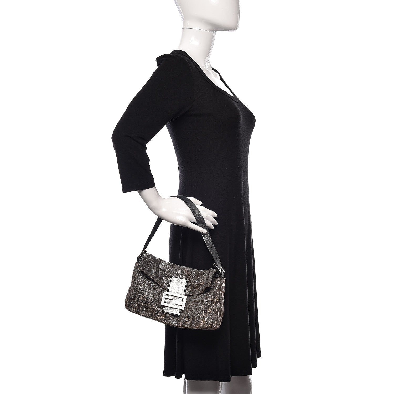 Fendi Metallic Lurex Zucca Vitello Baguette Oro Argento 2 of 10