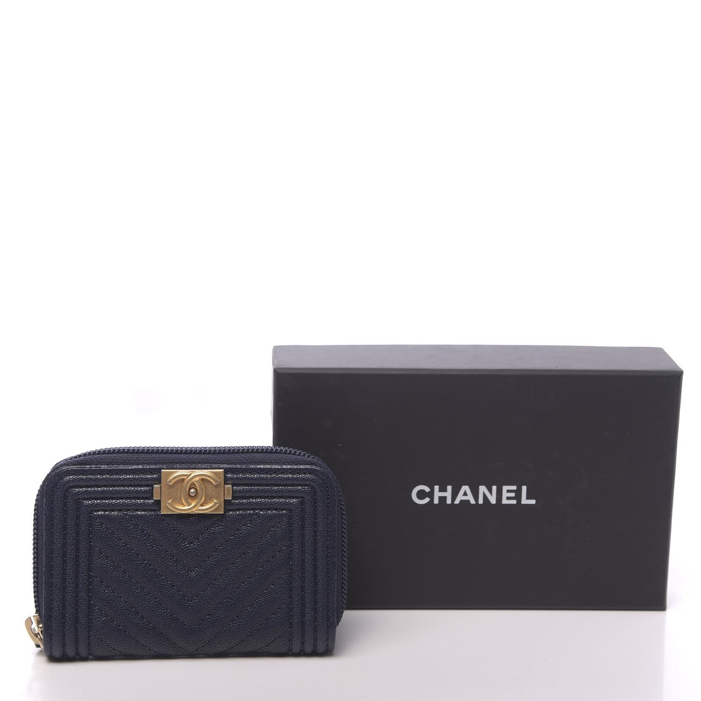 Caviar Chevron Quilted Boy Zip Around Coin Purse Wallet Navy Blue