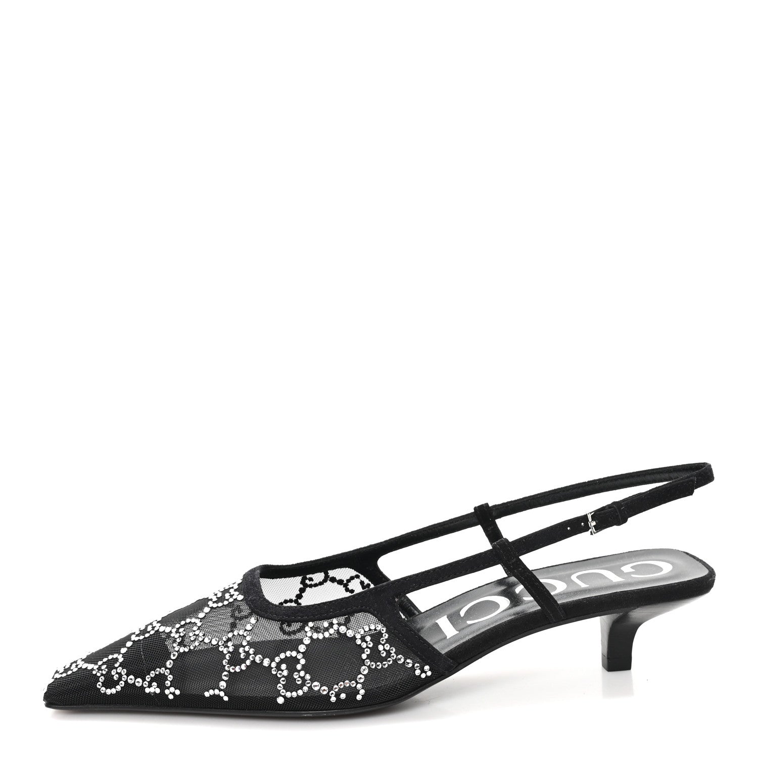 Gucci Tela Retino Kid Scamosciato Crystal GG Monogram Square G 35mm Slingback Pumps 37.5 Black 1 of 9