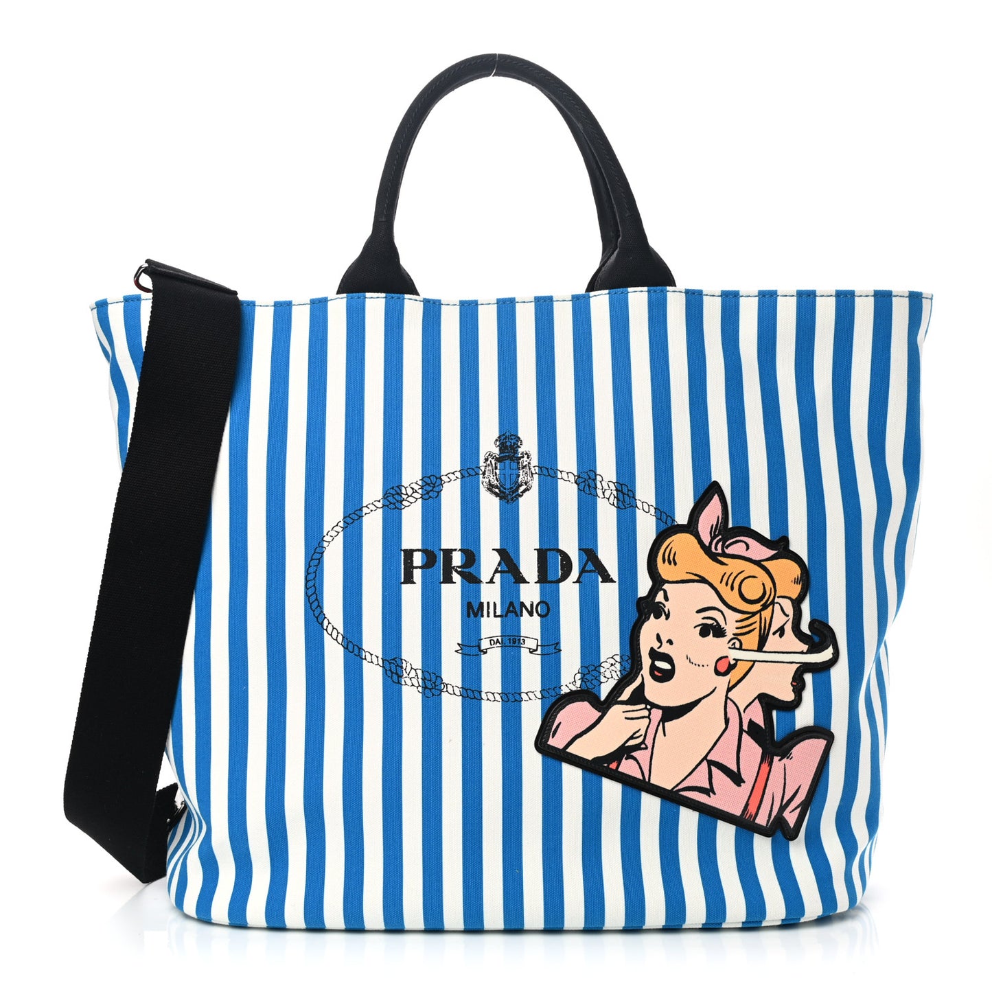Canvas Striped Comic Shopping Tote Blue White