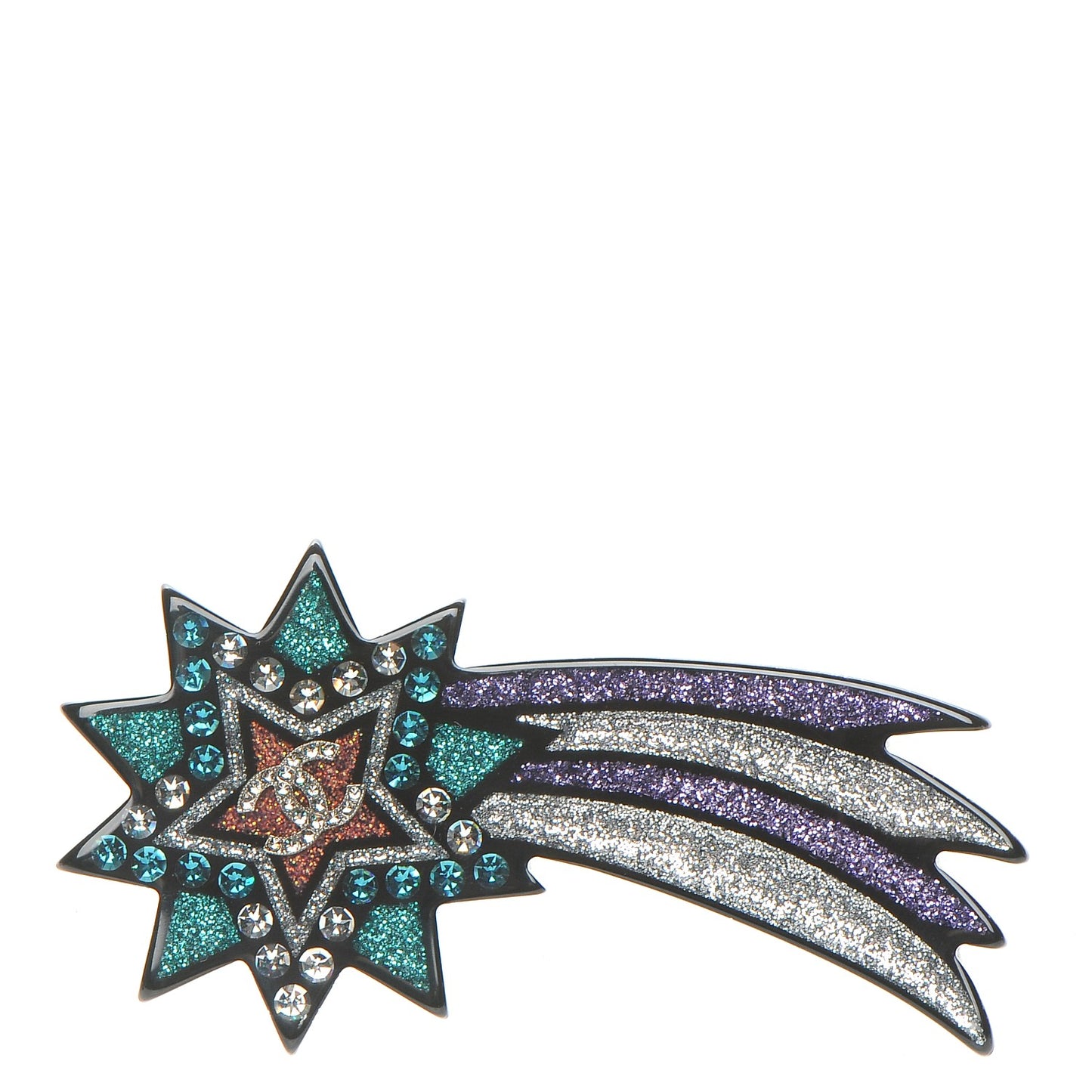 Glittered Resin Strass Shooting Star Brooch Silver Purple Green