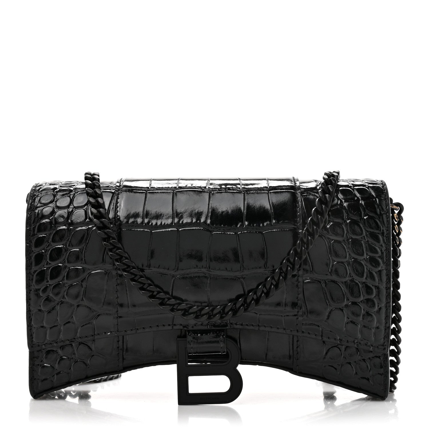 Balenciaga Shiny Calfskin Monochrome Crocodile Embossed Hourglass Chain Bag Black 2 of 23