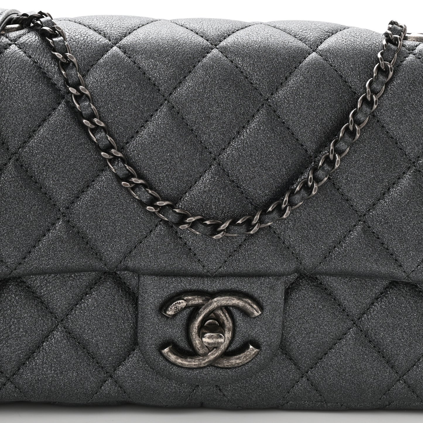 Metallic Calfskin Quilted Medium CC Eyelet Flap Dark Silver