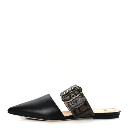 Fendi Vitello FF Embossed Buckle Flat Mules 35.5 Maya Black 1 of 8