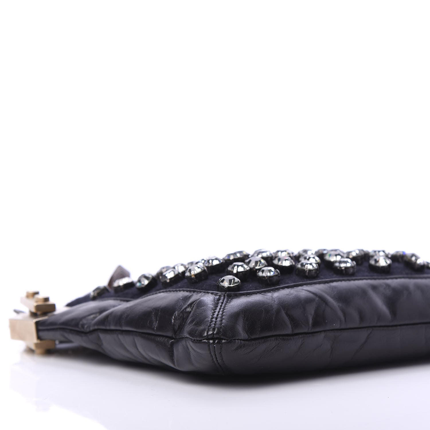 Lanvin Glazed Calfskin Felt Crystal Embellished Ketu Sac Chain Shoulder Bag Black 7 of 9