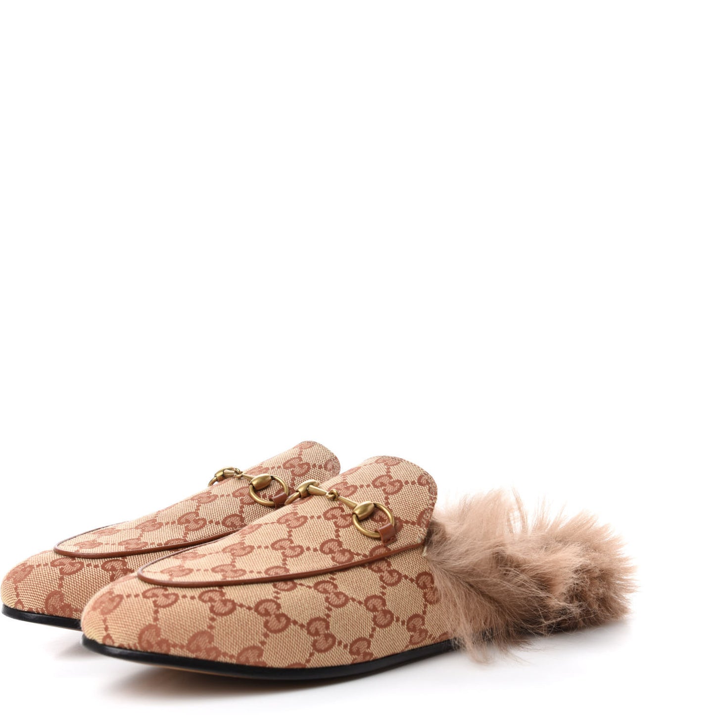 GG Monogram Fur Womens Princetown Slippers 40 Beige Ruggine Rust