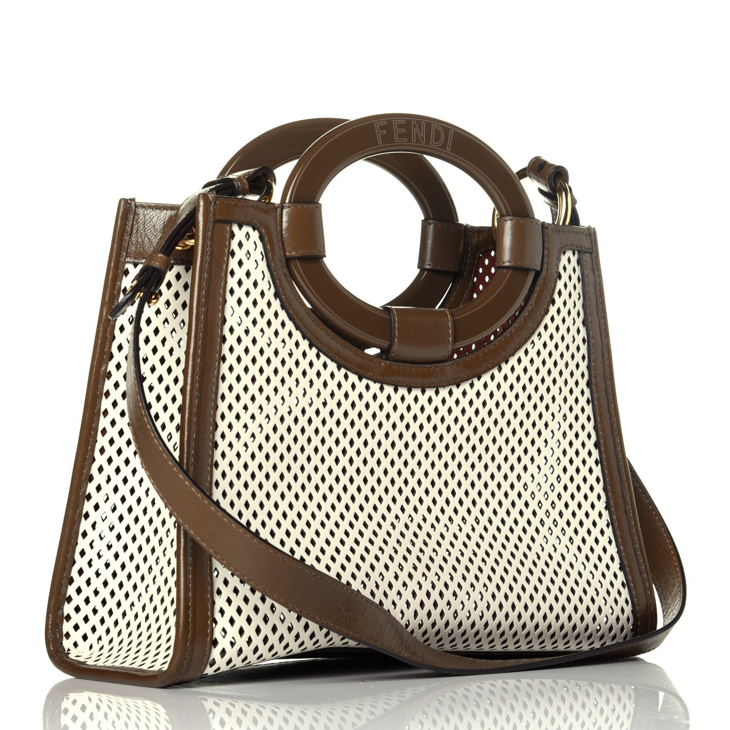 Fendi Vitello Liberty Glossy Lambskin Perforated Small Runaway Shopper Tote White Ice Rust Maya 3 of 8