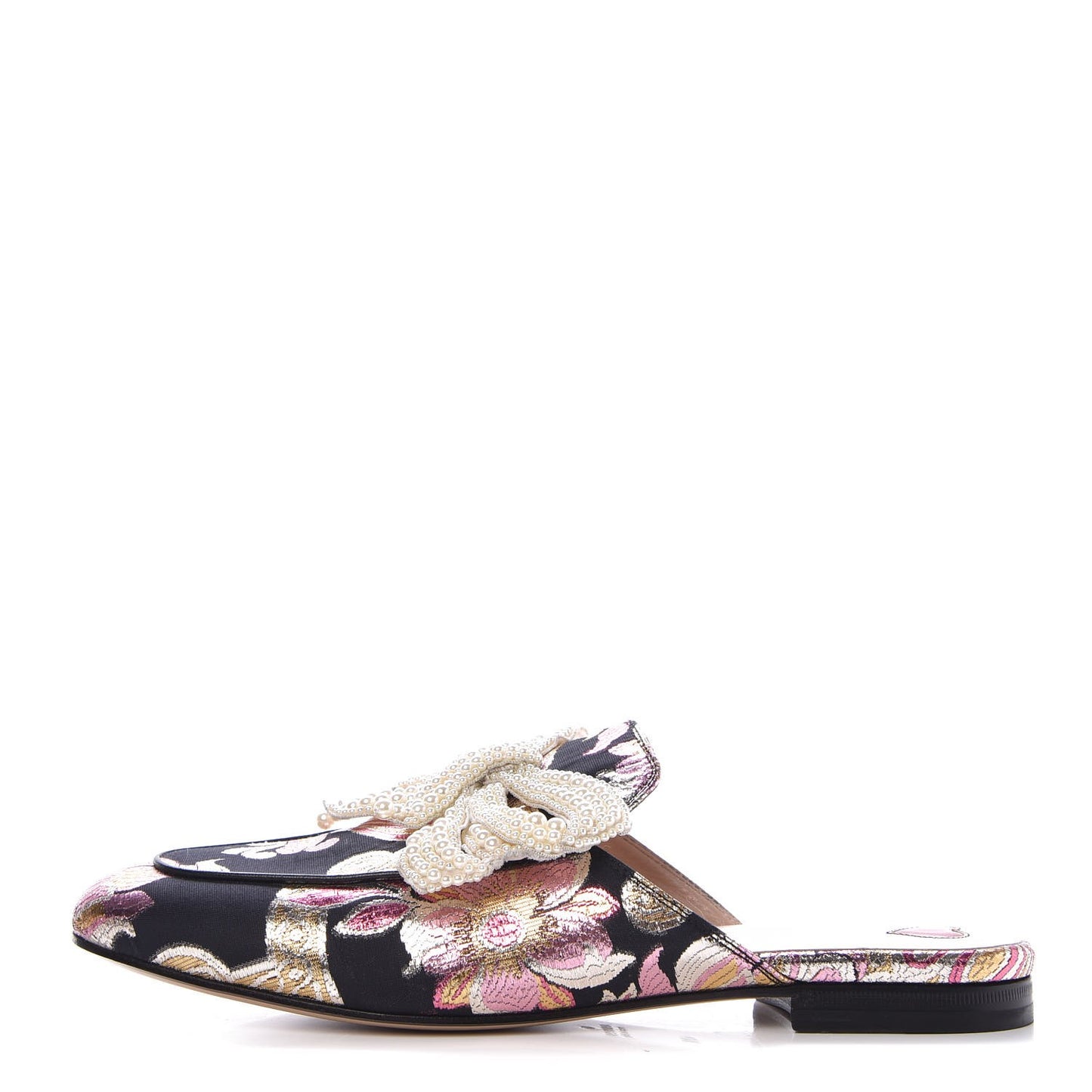 Iridescent Brocade Pearl Bow Womens Princetown Slippers 40.5 Black Pink