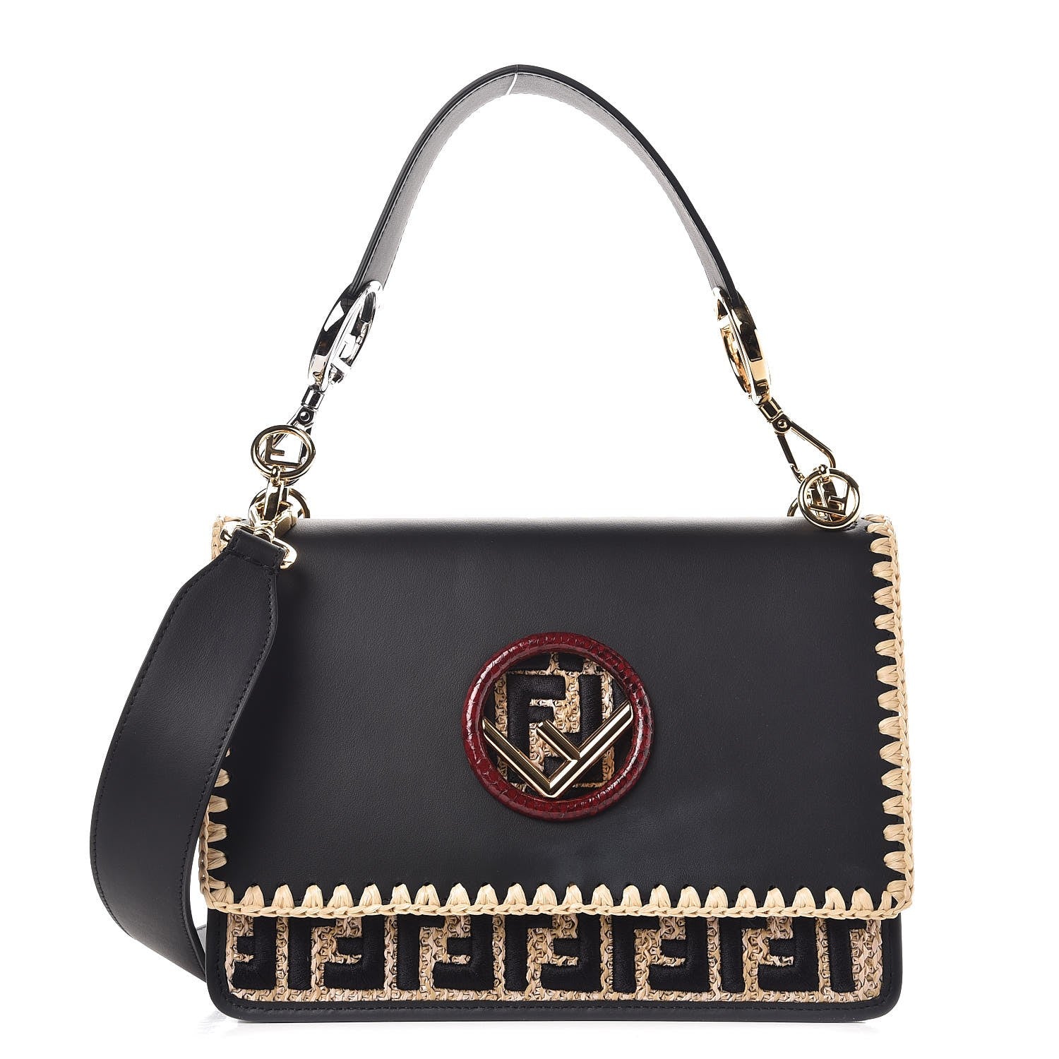 Fendi Vitello Century Raffia Snakeskin F is Fendi FF Woven Embroidered Kan I Shoulder Bag Black Natural 1 of 8