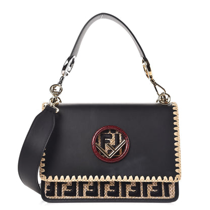Fendi Vitello Century Raffia Snakeskin F is Fendi FF Woven Embroidered Kan I Shoulder Bag Black Natural 1 of 8