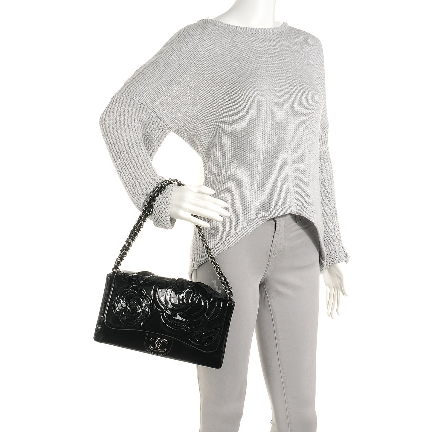 Patent Leather Tweed Camellia Petals Flap Black