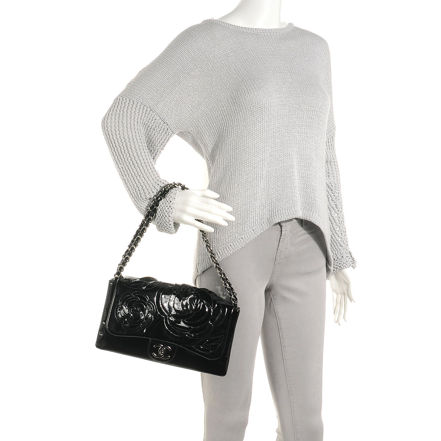 Chanel Patent Leather Tweed Camellia Petals Flap Black 2 of 9