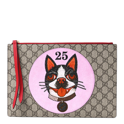 Gucci GG Supreme Monogram Bosco Patch Zip Pouch Beige Malva Hibiscus Red 1 of 12