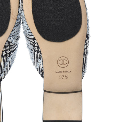 Chanel Tweed Grosgrain Camellia CC Flats 37.5 Light Blue Black 6 of 8