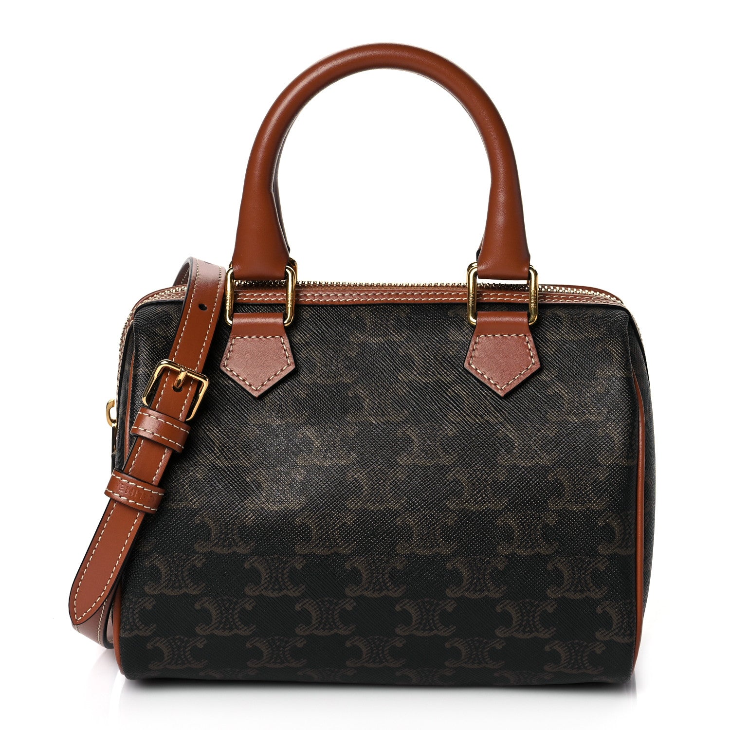 Celine Triomphe Canvas Calfskin Small Boston Bag Tan 1 of 9