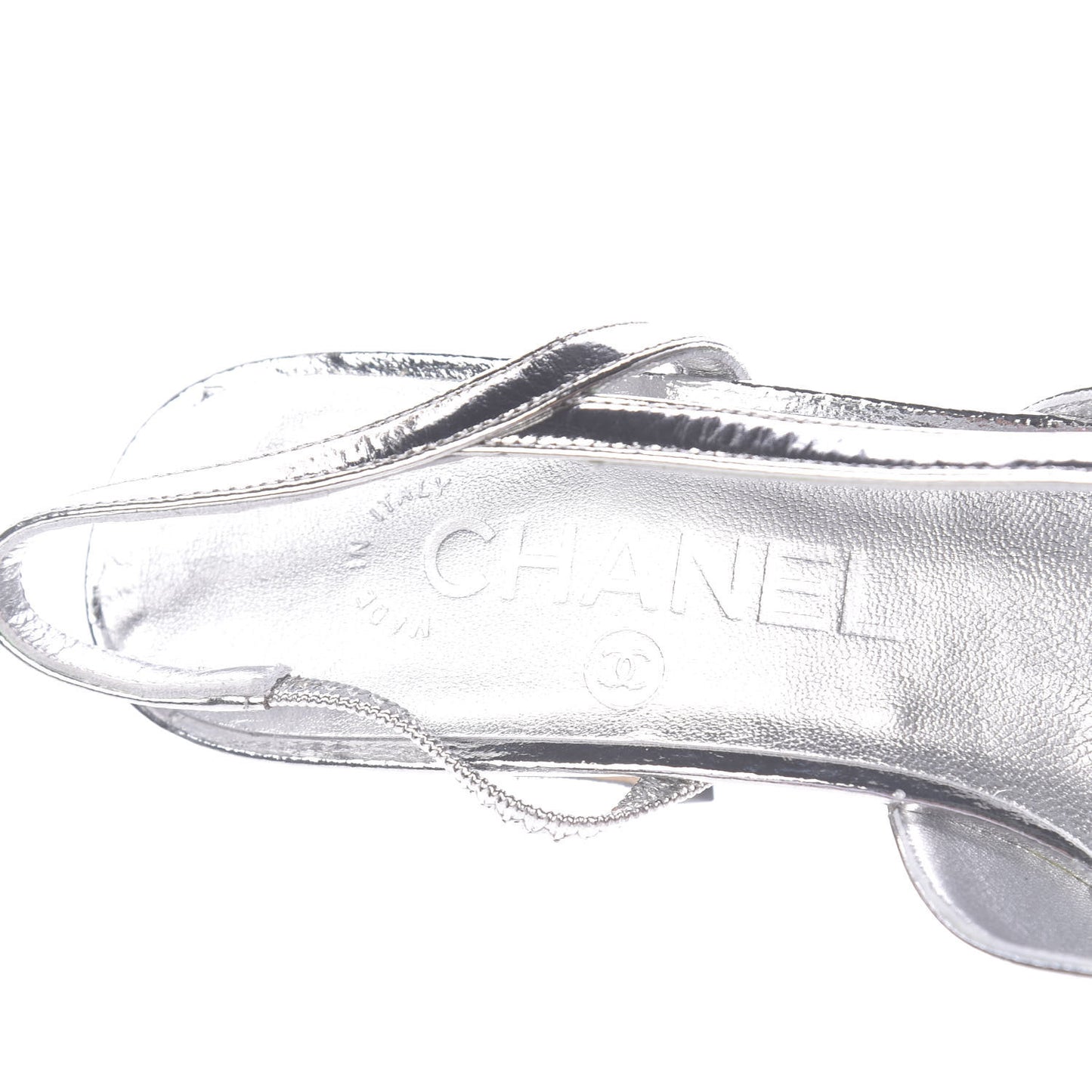 Laminated Lambskin Grosgrain Cap Toe CC Slingback Sandals 36 Silver Black