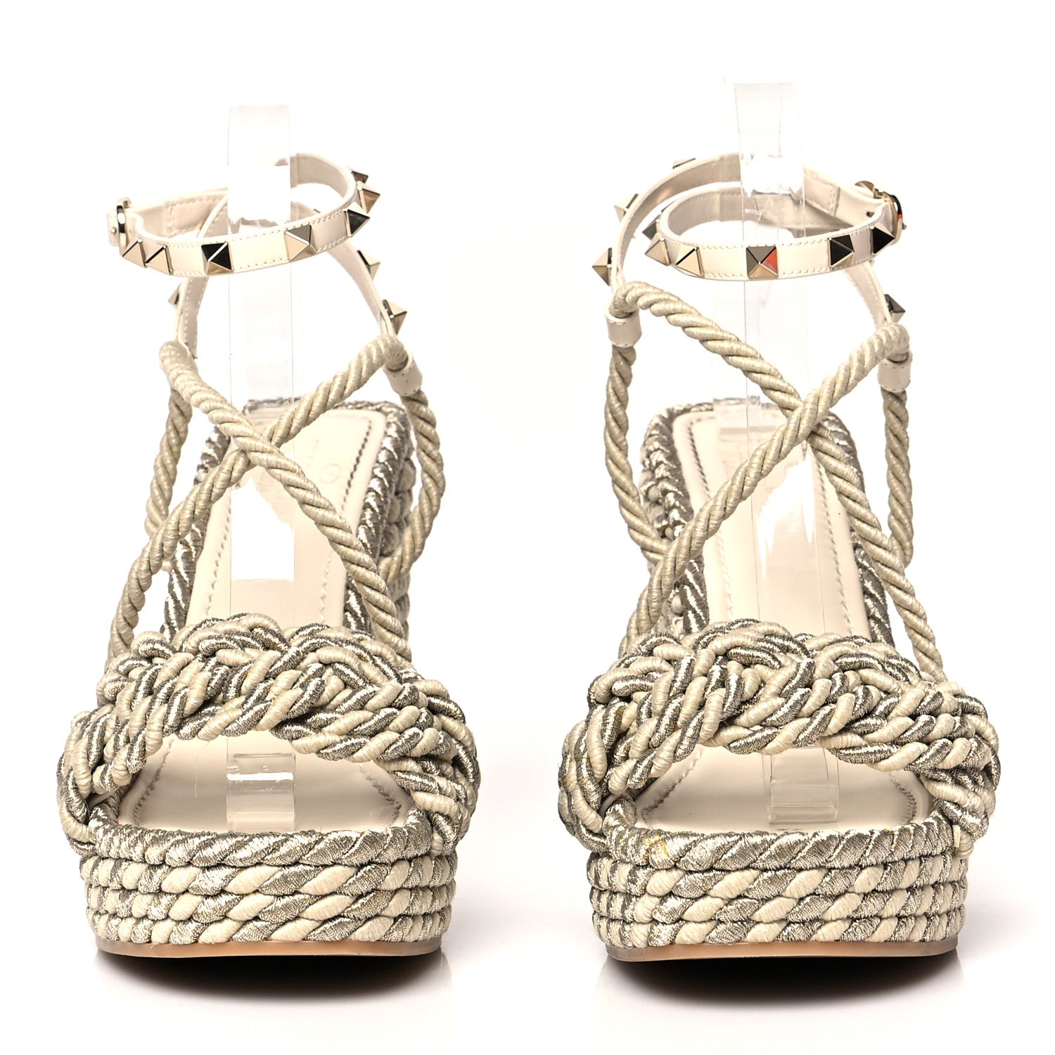 Valentino Garavani Braided Cotton Calfskin Rockstud Torchon Espadrille Wedge Sandals 40 Light Ivory 2 of 7