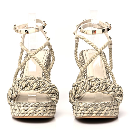 Valentino Garavani Braided Cotton Calfskin Rockstud Torchon Espadrille Wedge Sandals 40 Light Ivory 2 of 7