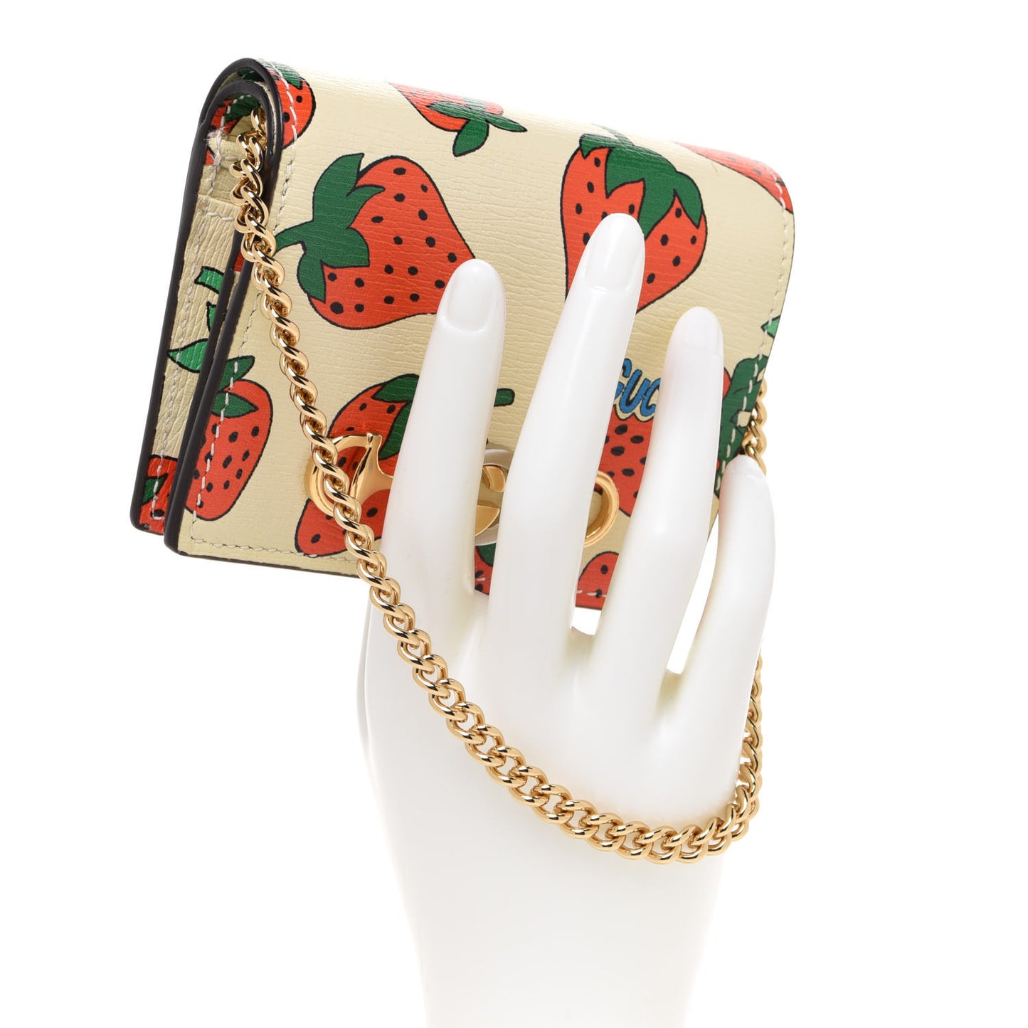 Calfskin Strawberry Print Zumi Chain Card Case Wallet Ivory Red