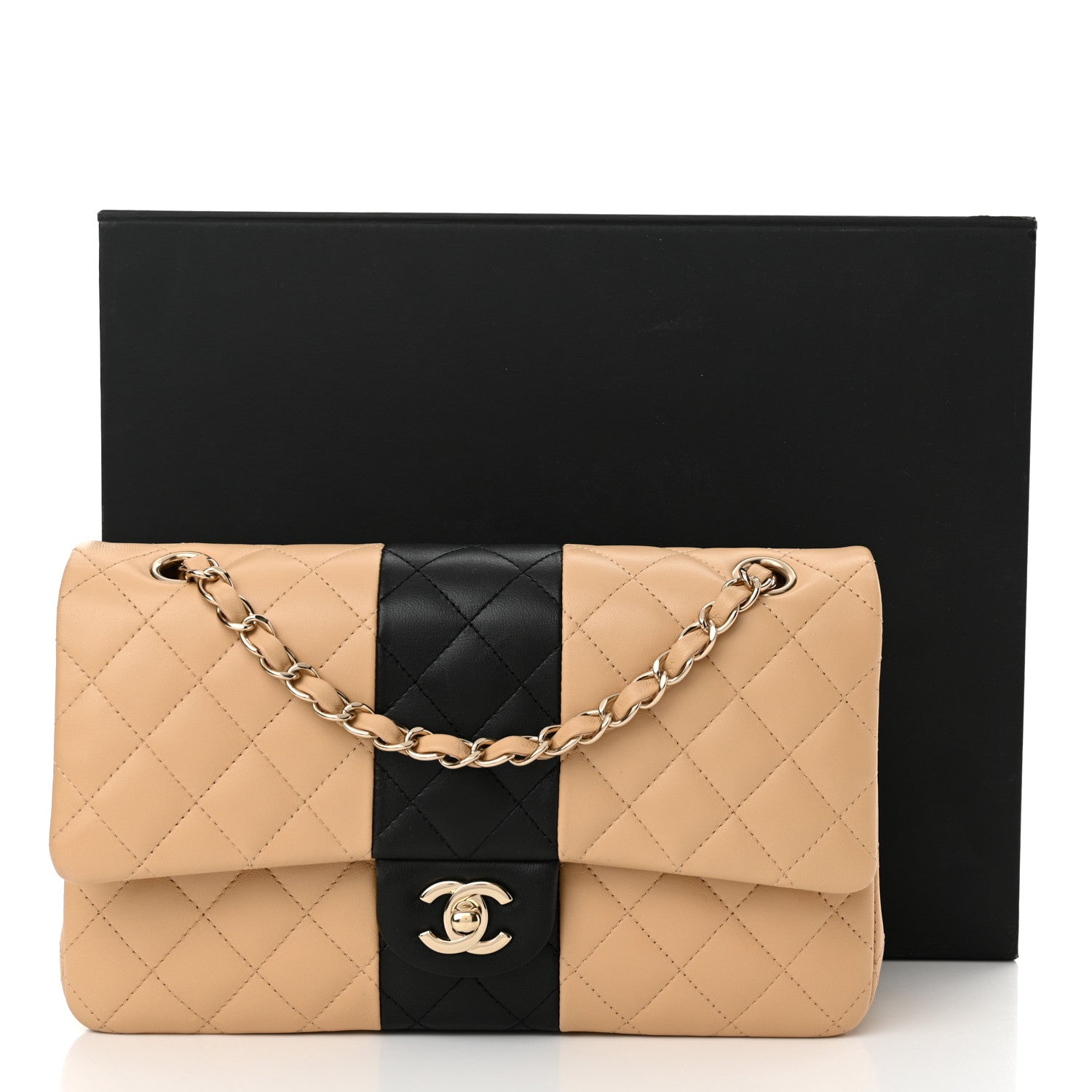 Chanel Lambskin Quilted Medium Double Flap Beige Black 12 of 12