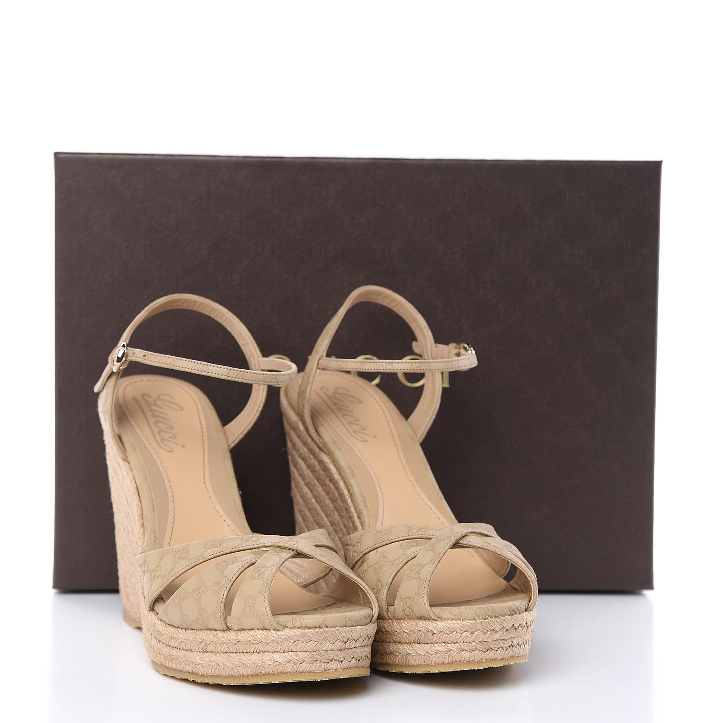 Soft Microguccissima Penelope Espadrille Wedge Sandals 37.5 Cream