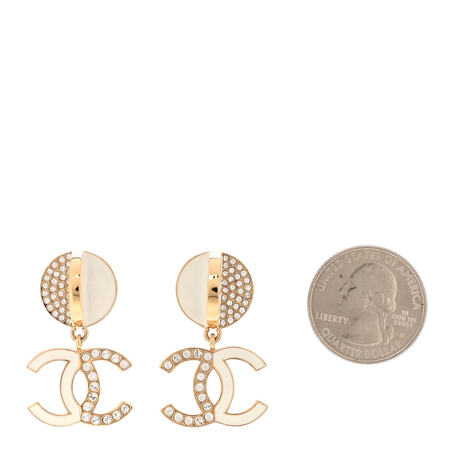 Chanel Crystal Resin CC Drop Earrings Gold White 2 of 5