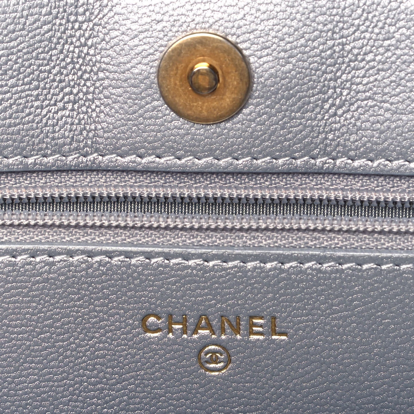Metallic Lambskin Quilted Chanel 19 Wallet On Chain WOC Silver