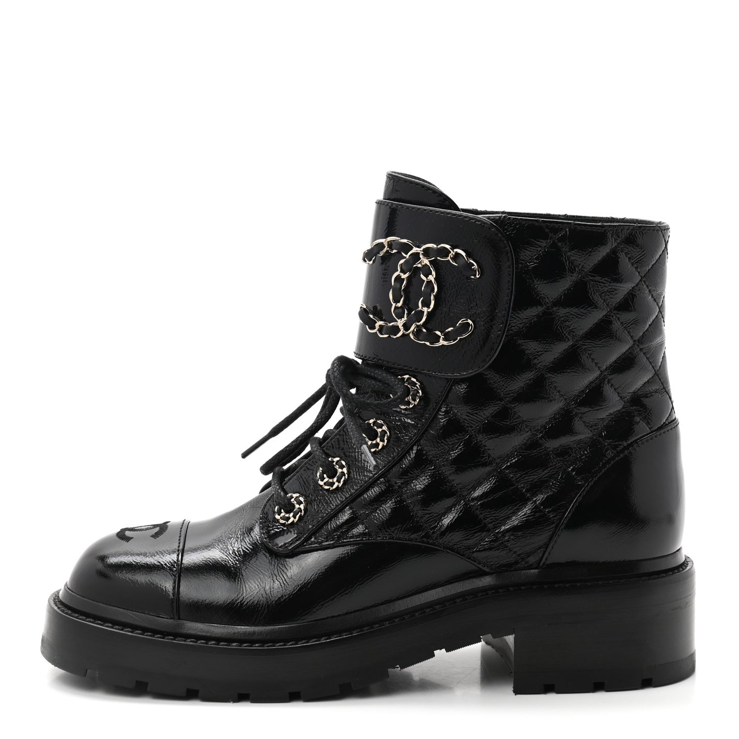 Shiny Calfskin Quilted Lace Up Combat Boots 36.5 Black