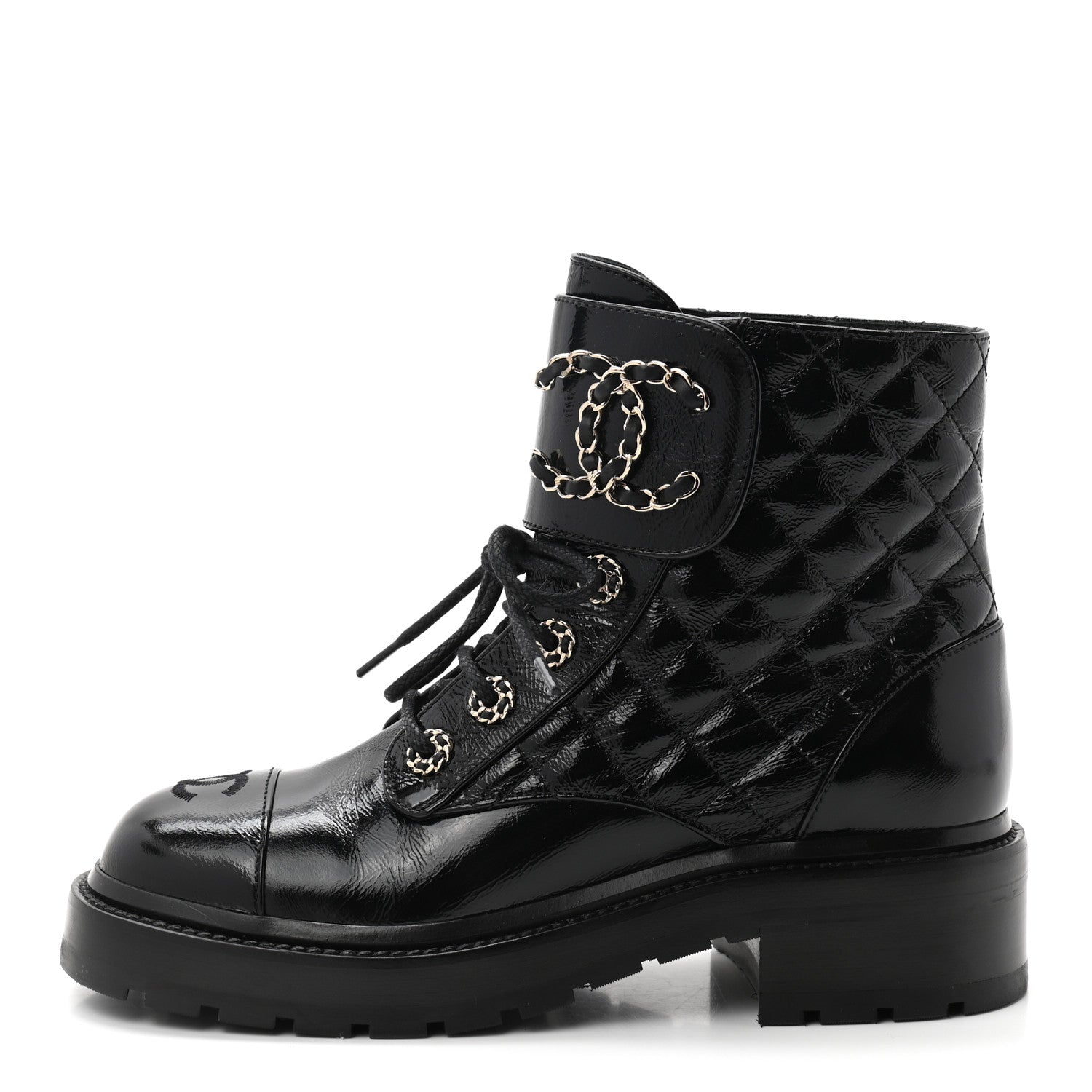Chanel Shiny Calfskin Quilted Lace Up Combat Boots 36.5 Black 1 of 9