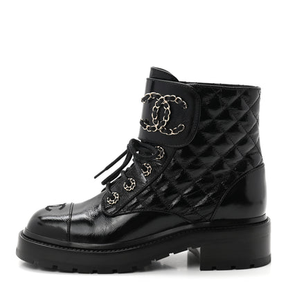 Chanel Shiny Calfskin Quilted Lace Up Combat Boots 36.5 Black 1 of 9