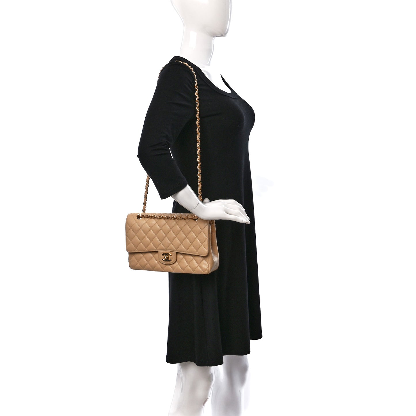 Caviar Quilted Medium Double Flap Beige