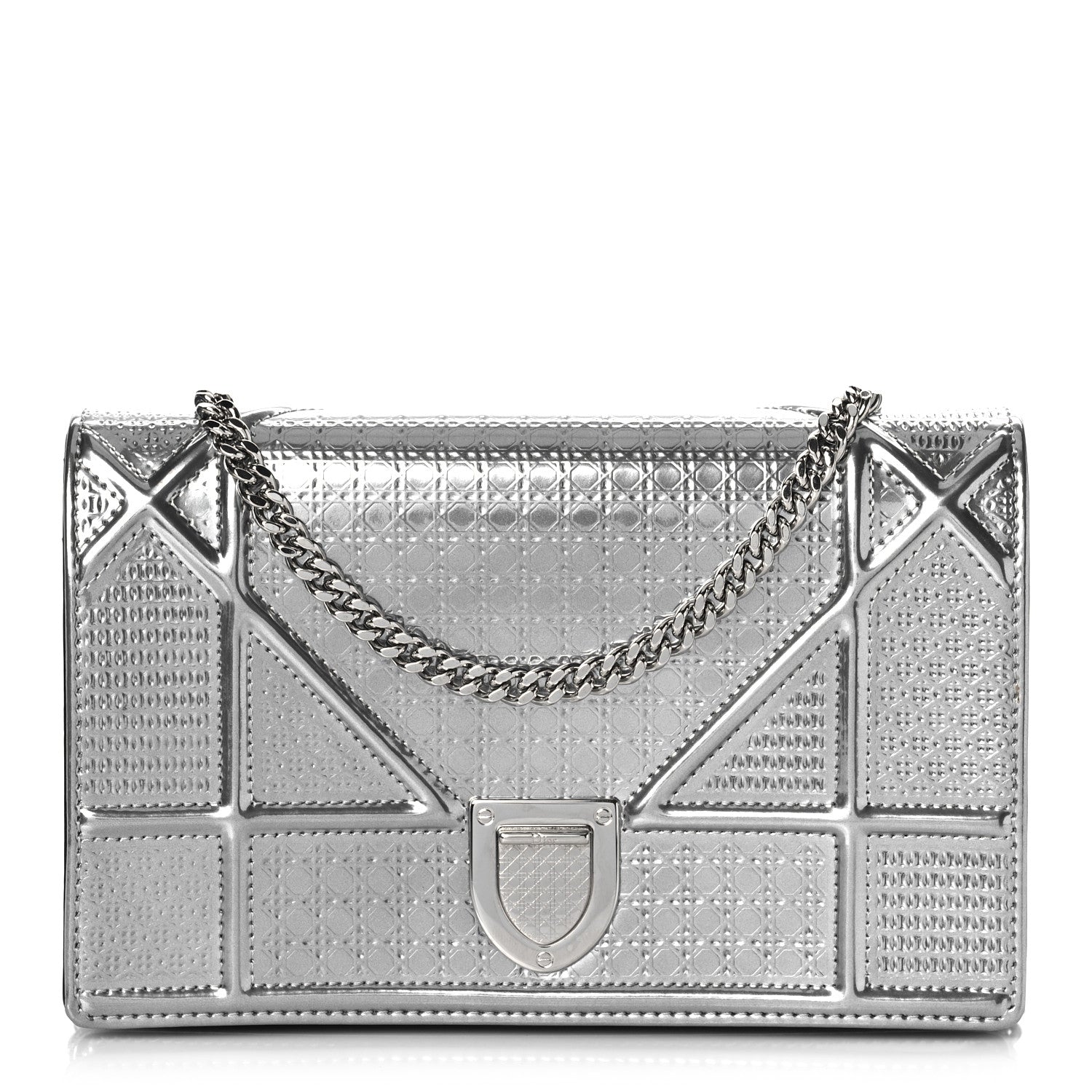 Christian Dior Metallic Patent Micro-Cannage Diorama Wallet on Chain Pouch Silver 1 of 9