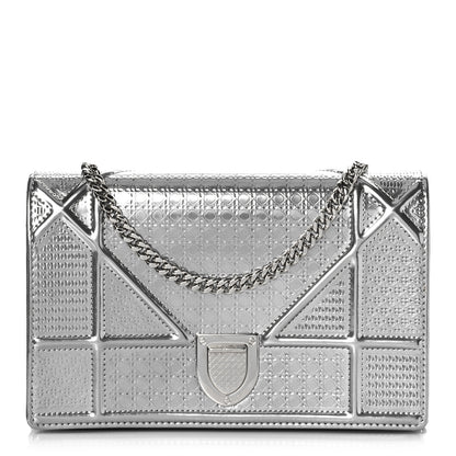 Christian Dior Metallic Patent Micro-Cannage Diorama Wallet on Chain Pouch Silver 1 of 9