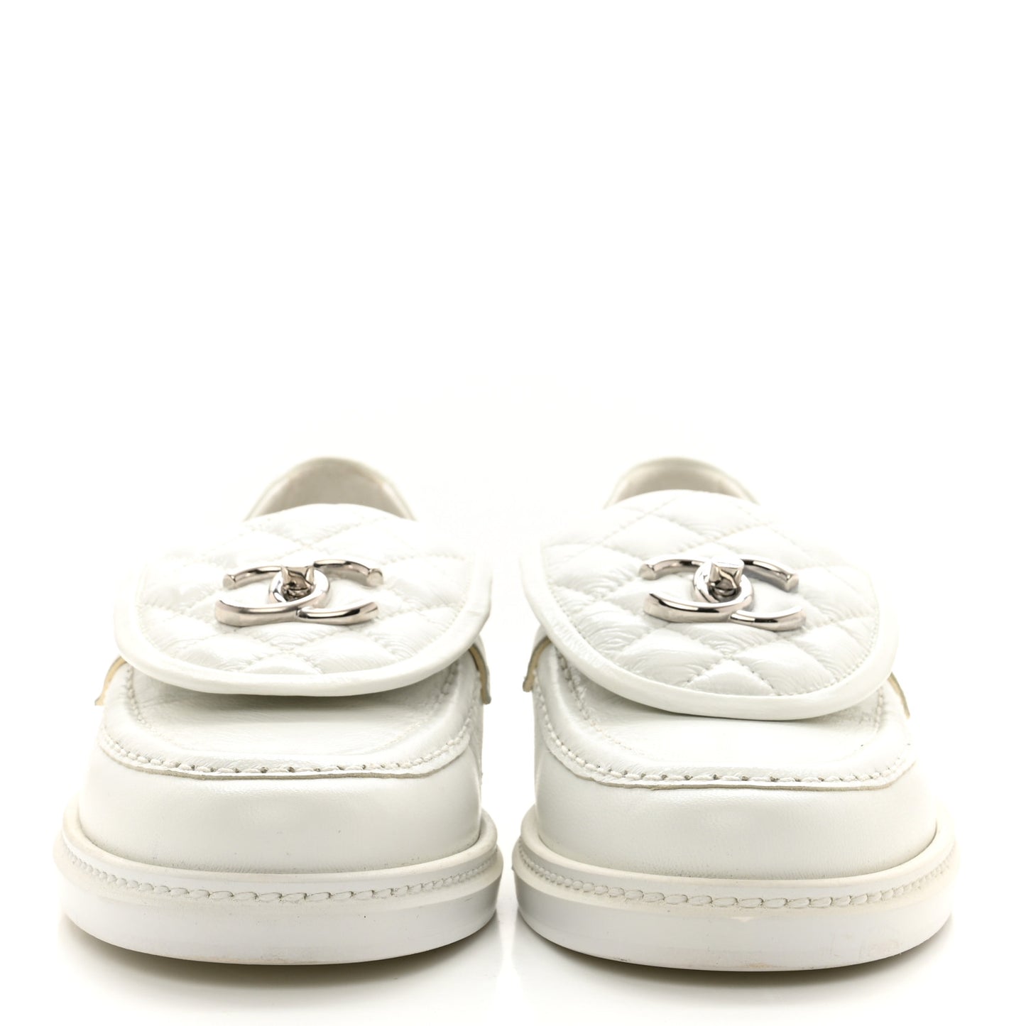 Shiny Lambskin Quilted CC Turnlock Loafers 38 White