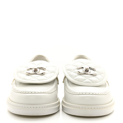 Chanel Shiny Lambskin Quilted CC Turnlock Loafers 38 White 2 of 9