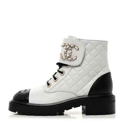 Chanel Shiny Goatskin Calfskin Quilted Lace Up Combat Boots 37 Black White 1 of 9