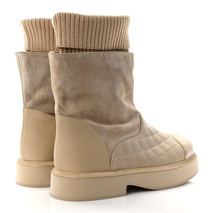 Chanel Suede Lambskin Calfskin Knit Womens Ankle Boots 37 Beige 4 of 7