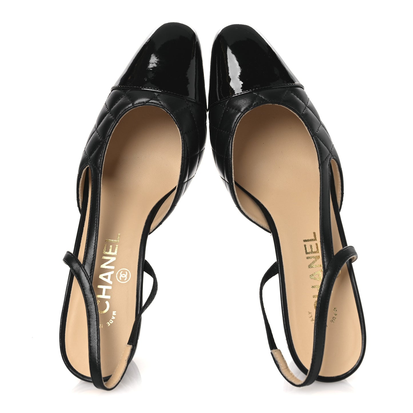 Lambskin Patent Calfskin Quilted Cap Toe CC Slingback Pumps 38 Black