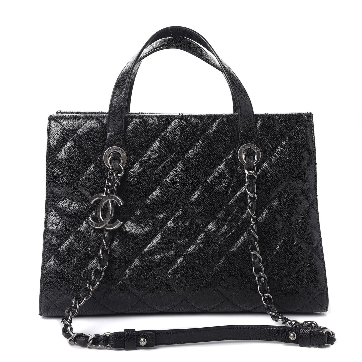 Crumpled Grained Calfskin Quilted CC Crave Tote Black