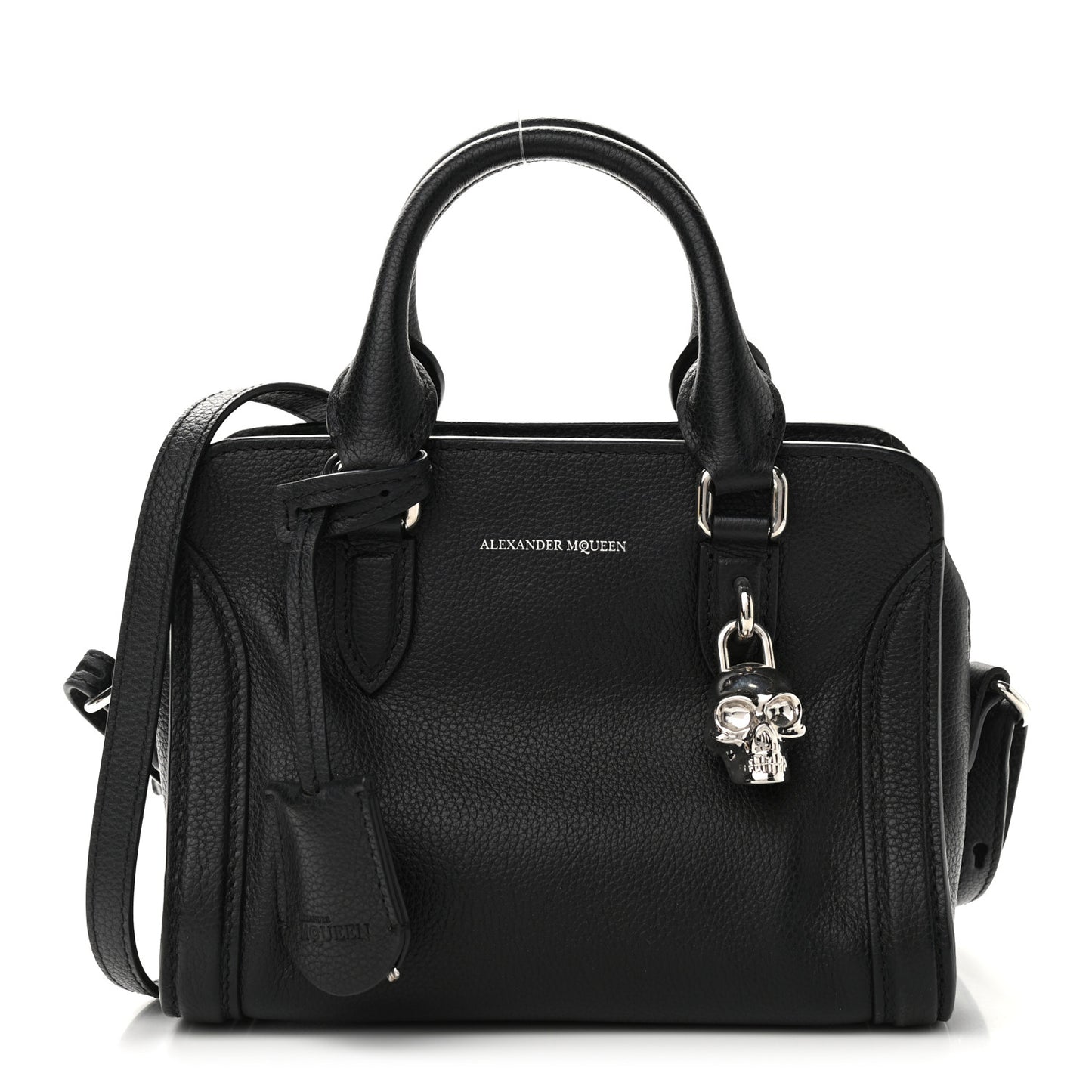 Pebbled Calfskin Mini Skull Padlock Zip Around Tote Black