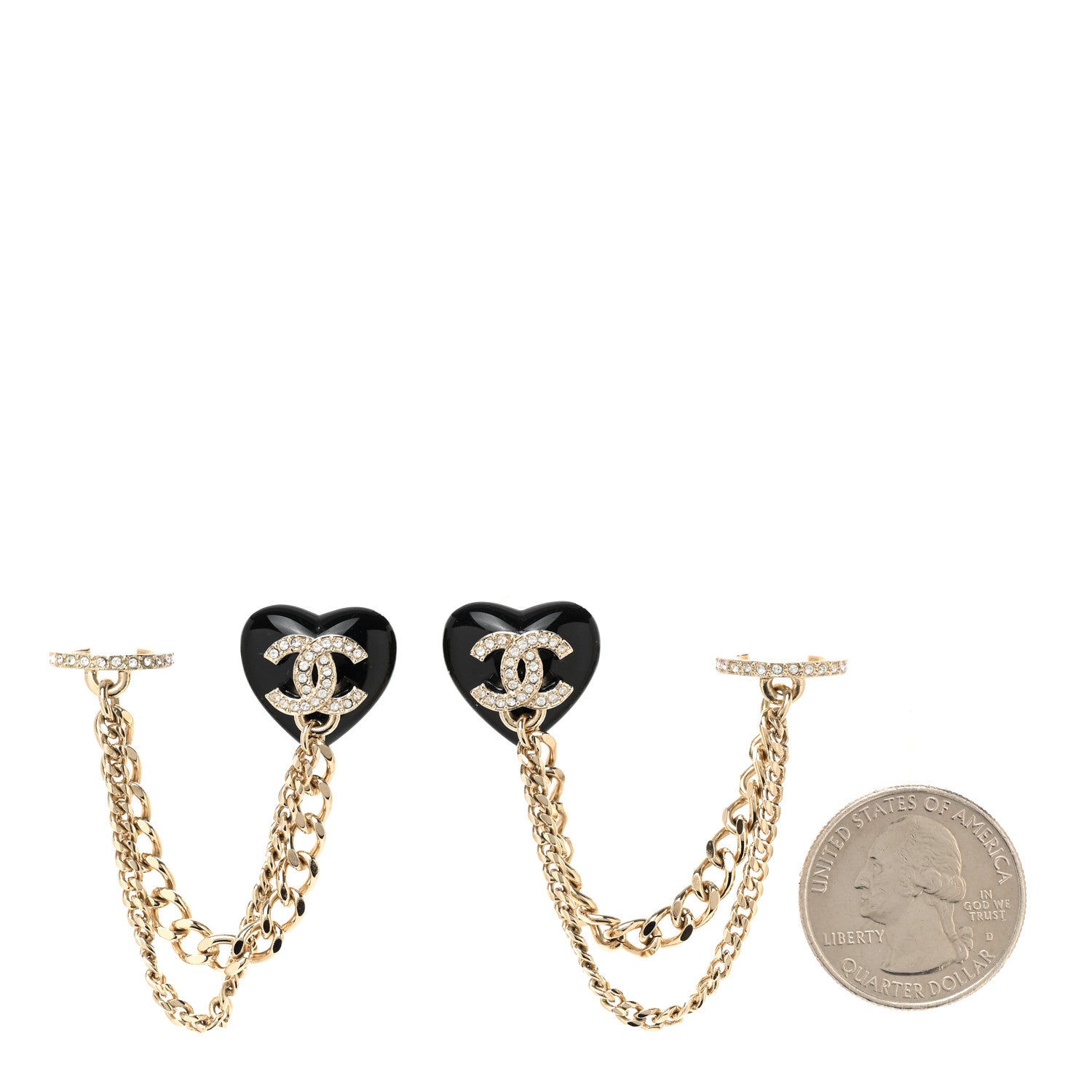 Chanel Resin Crystal CC Heart Chain Cuff Earrings Black Gold 2 of 5