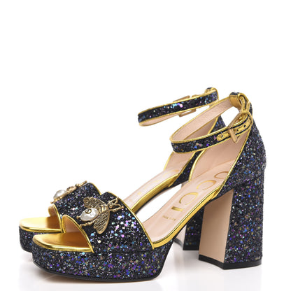 Gucci Glitter Soko Bee Platform Mid Heel Sandals 38 Notte Oro Multicolor 3 of 11