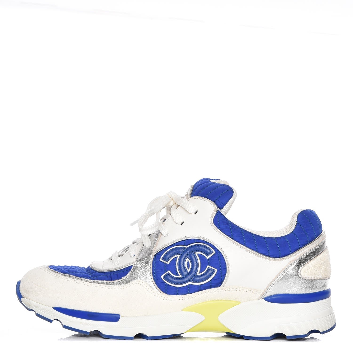 Chanel Suede Calfskin CC Sneakers 37.5 White Blue Yellow 1 of 8