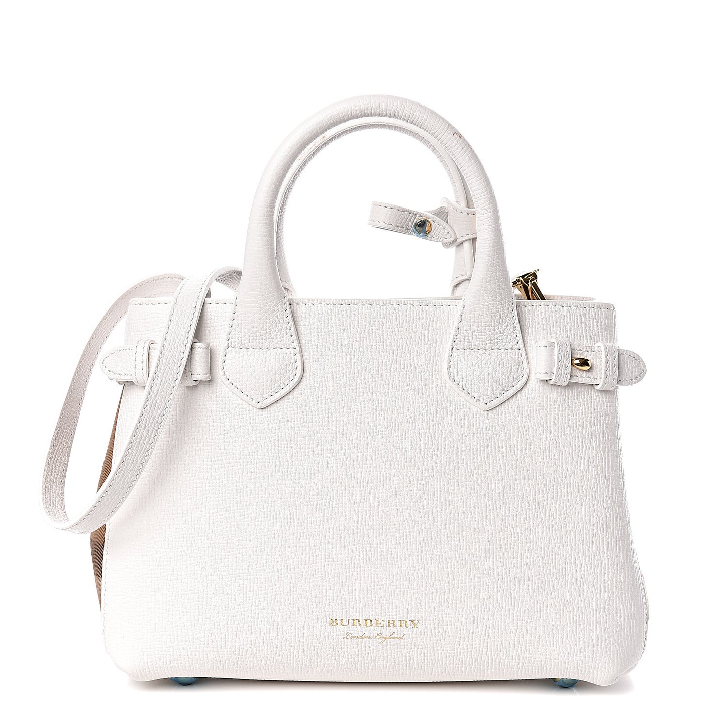Grainy Calfskin House Check Small Banner Tote Chalk White